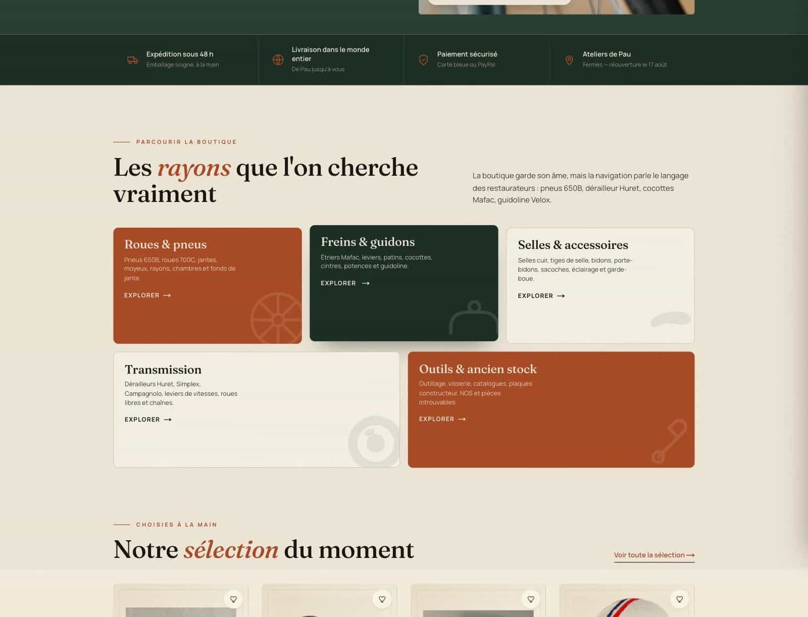 Nouvelle suite de l'accueil Vintage Bike Shop après la refonte, avec les rayons structurés et la sélection du moment