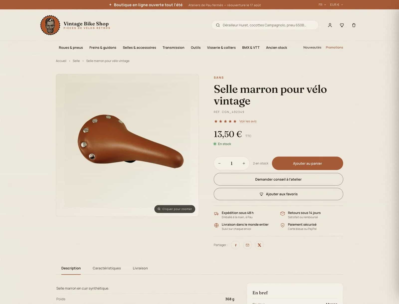 Nouvelle fiche de la selle marron pour vélo vintage après la refonte, avec achat et services mis en avant