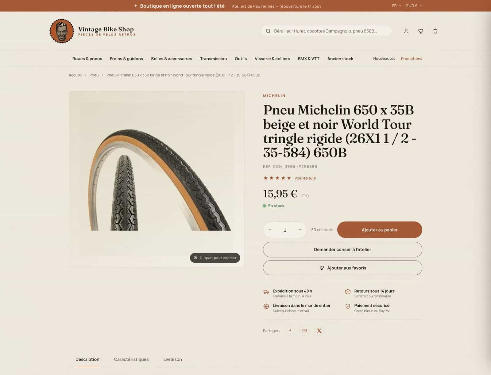 Nouvelle fiche du pneu Michelin 650B après la refonte, avec photographie, achat et services mis en avant