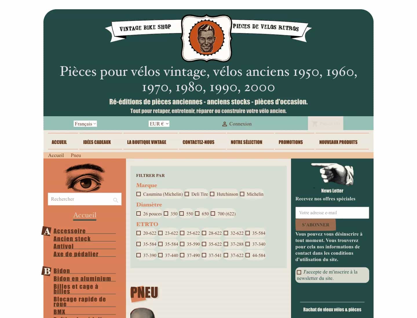 Ancienne page catégorie Pneus de Vintage Bike Shop avant la refonte
