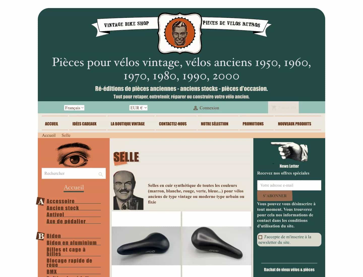 Ancienne page catégorie Selles de Vintage Bike Shop avant la refonte