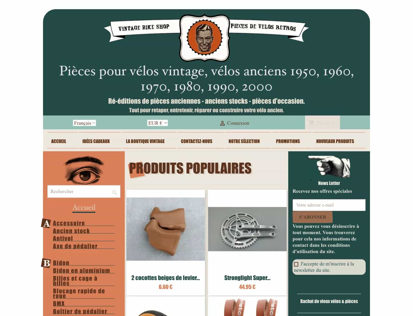 Ancien accueil de Vintage Bike Shop avant la refonte, avec en-tête illustré et produits populaires