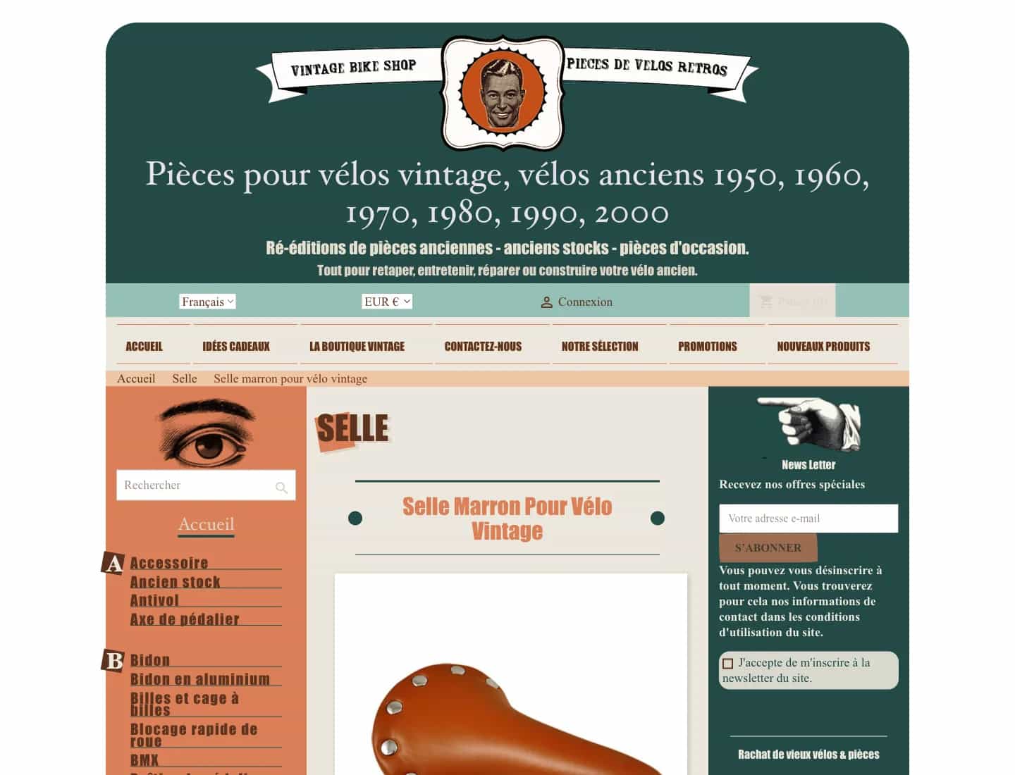 Ancienne fiche de la selle marron pour vélo vintage avant la refonte